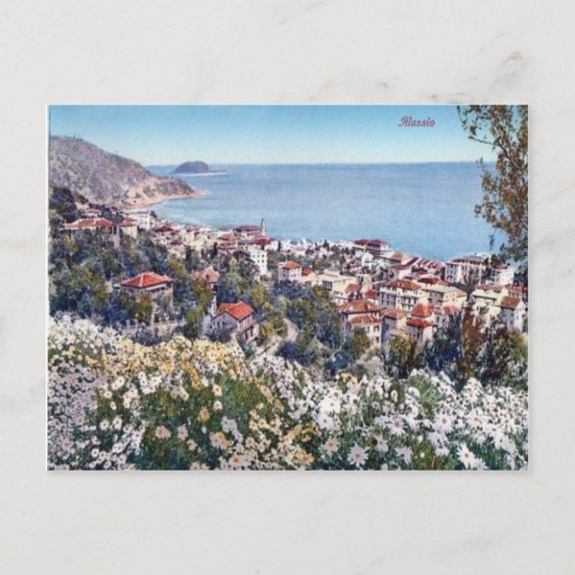 Italien, Alassio, Blommor och havsvy Vykort (Framsida)