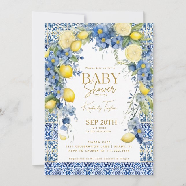 Italien Baby Shower på italienska Lemon Blue Tiles Inbjudningar (Framsida)