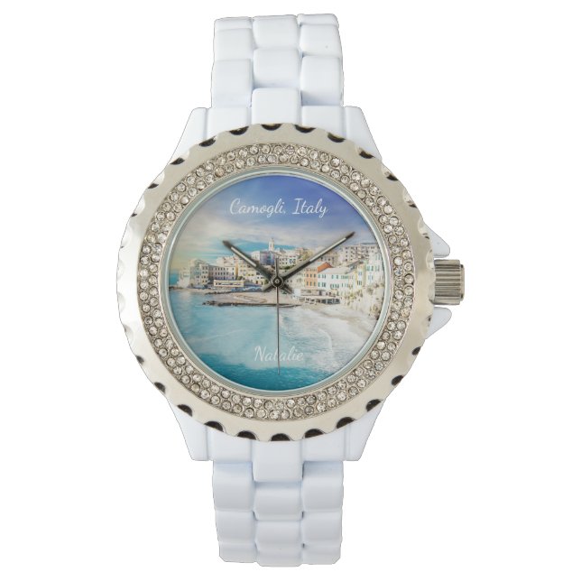 Italien Beach Medelhavet Målning Monogram Armbandsur (Framsida)
