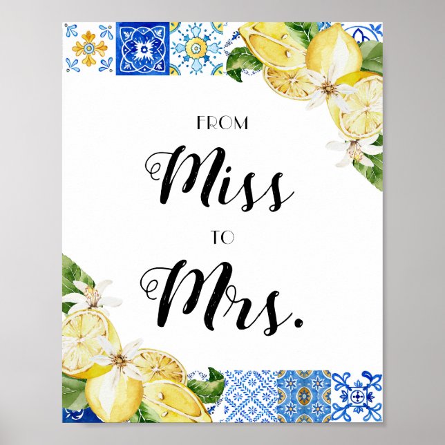 Italien Blue Tile Lemons från Miss till Mrs Sign Poster (Framsidan)