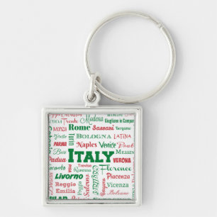 Italien Cities-nyckelkedjan - Italienska flagga Fyrkantig Silverfärgad Nyckelring