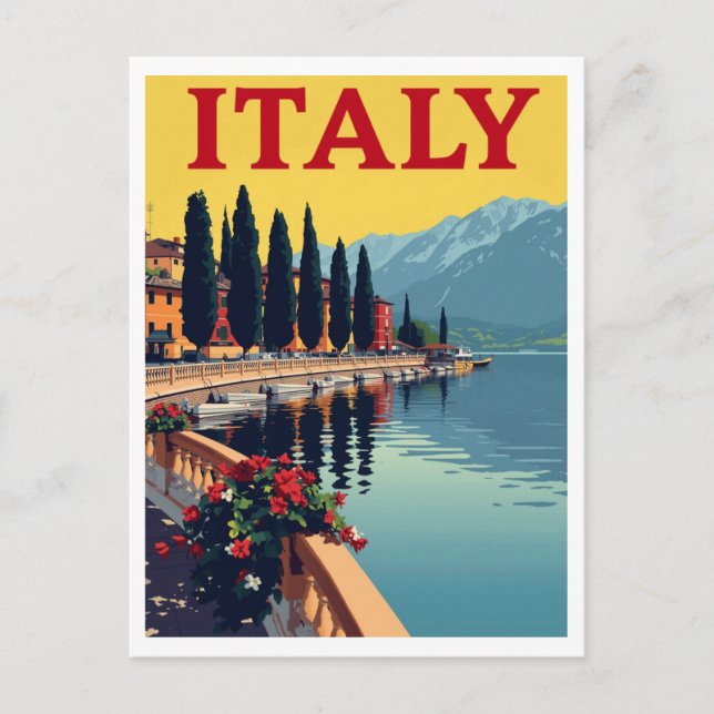 ITALIEN Cypressträd med vy över sjö Vykort (Framsida)