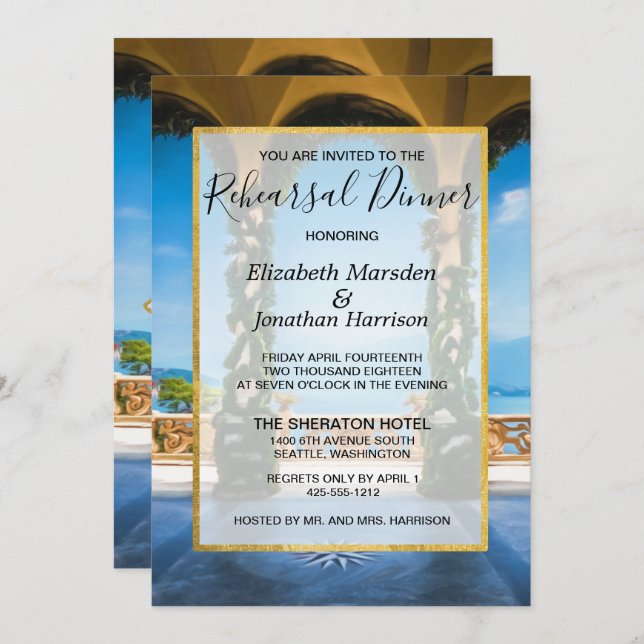 Italien Elegant Blått Grönt Guld Rehearsal Middag Inbjudningar (Fram/baksida)