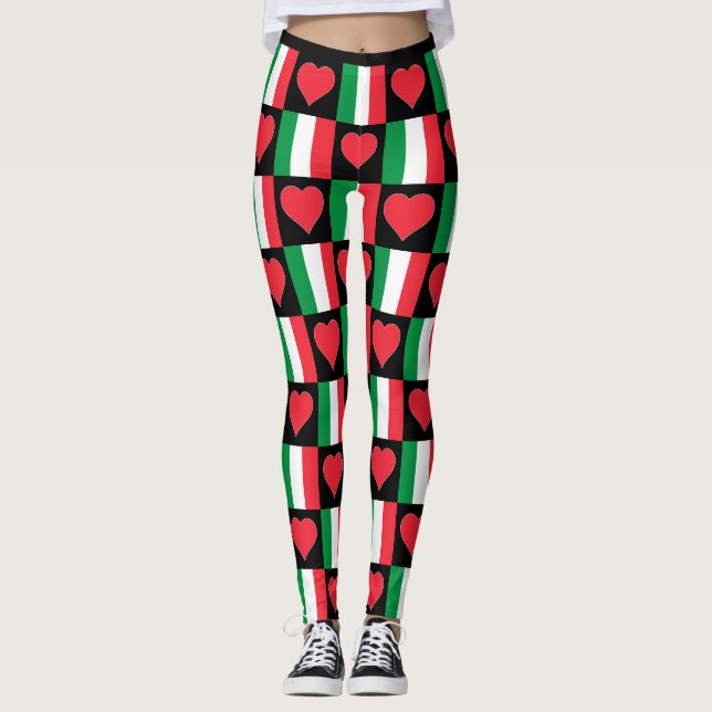 Italien Flagga Heart Mönster Cute Patriotic Italy Leggings (Framsida)