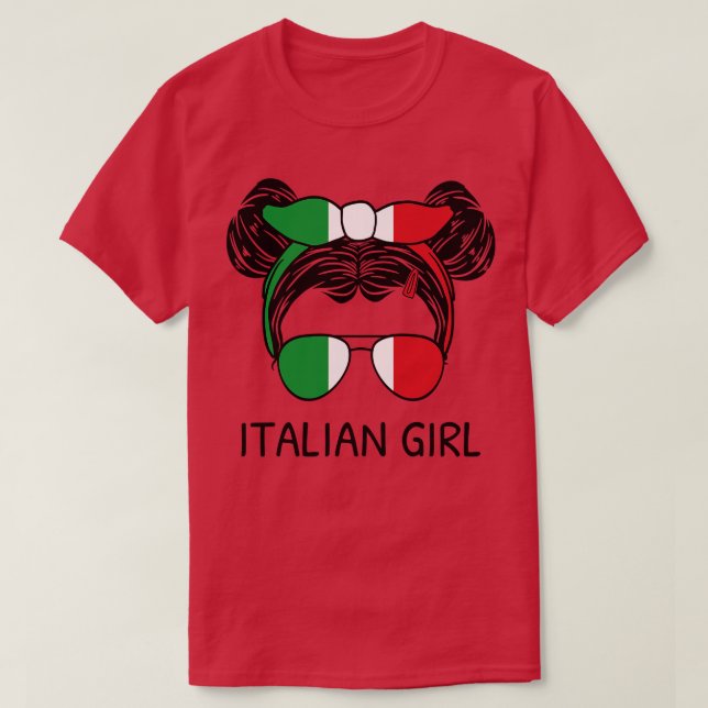 Italien Flagga Italienska flicka med Messy Buns I T Shirt (Design framsida)