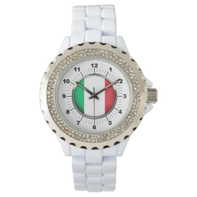 Italien Flagga Rhinestone White Enamel Watch Armbandsur (Framsida)