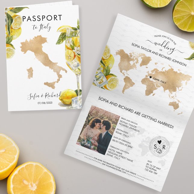 Italien för Citrus Passport-destinationen Bröllop  Inbjudan (lemon citrus summer yellow watercolor)