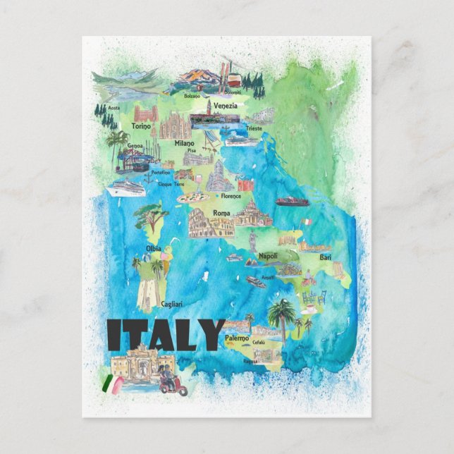 Italien Illustrated Travel Karta Vykort (Framsida)