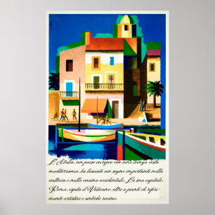 Italien, ljusfärgade hus floden Vintage resor Poster