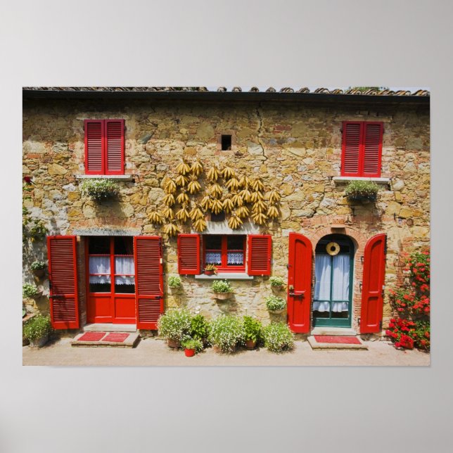 Italien, Lucignano, Röda fönsterluckor och skörd Poster (Framsidan)