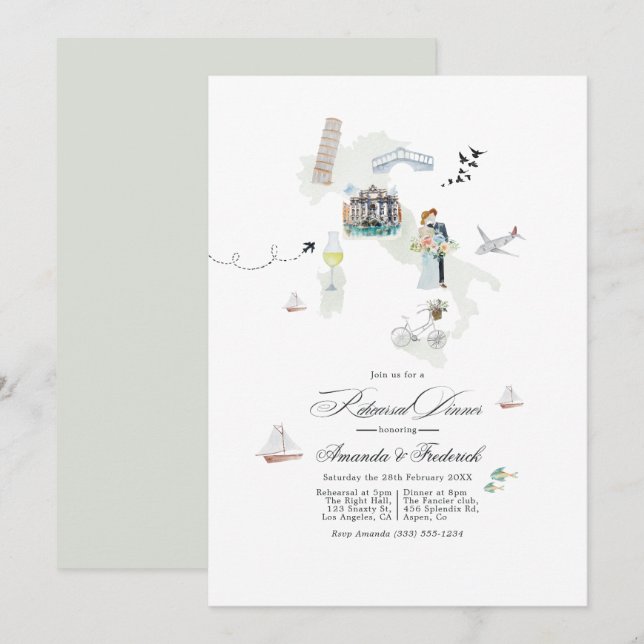 Italien Målbröllopsdagtid för repetitionsmiddag Inbjudningar (Fram/baksida)