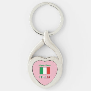 Italien och italienska flaggan Grön Personaliserin Twisted Heart Silverfärgad Nyckelring