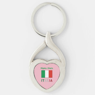 Italien och italienska flaggan Grön Personaliserin Twisted Heart Silverfärgad Nyckelring