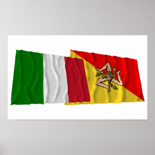 Italien och Sicilien som viftar flaggor Poster