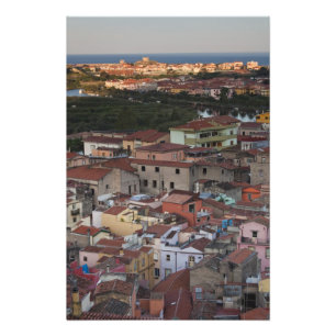 Italien, Sardinien, Bosa. Stadsvy från Castello Fototryck