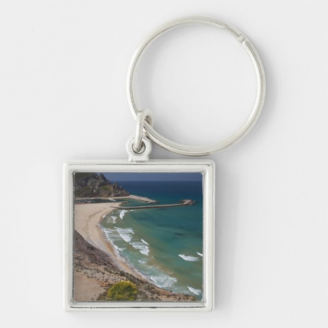 Italien, Sardinien, Buggerru. Buggerru strand och Fyrkantig Silverfärgad Nyckelring (Framsidan)