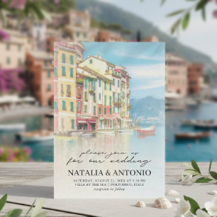 Italien Sea Portofino Watercolor Bröllop Inbjudningar