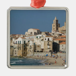 Italien, Sicilien, Cefalu, Stadsvy med Duomo från Julgransprydnad Metall