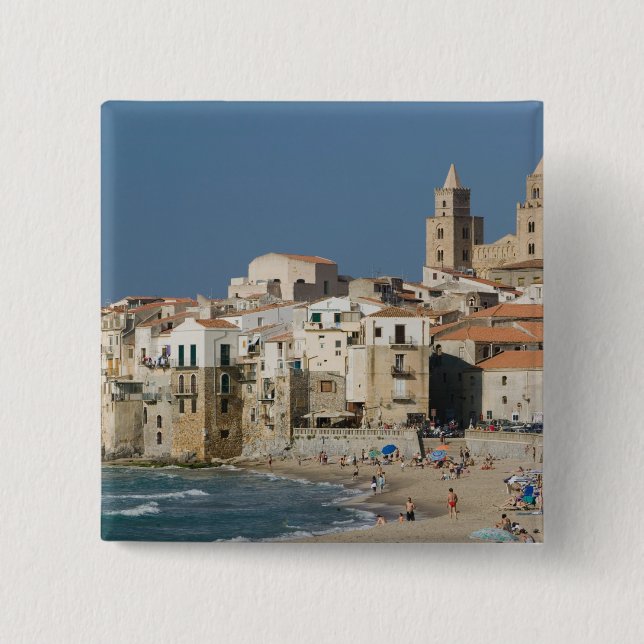 Italien, Sicilien, Cefalu, Stadsvy med Duomo från Knapp (Framsida)