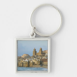 Italien, Sicilien, Cefalu, Vy med Duomo från 2 Fyrkantig Silverfärgad Nyckelring