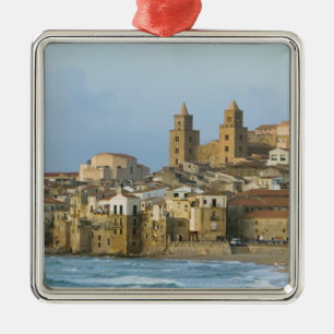 Italien, Sicilien, Cefalu, Vy med Duomo från 2 Julgransprydnad Metall