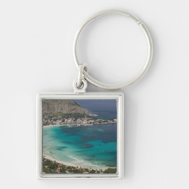 Italien, Sicilien, Mondello, Vy av stranden från s Fyrkantig Silverfärgad Nyckelring (Framsidan)
