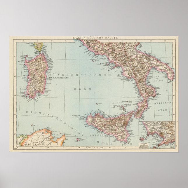 Italien sudliche Halfte, Karta i södra Italien Poster (Framsidan)