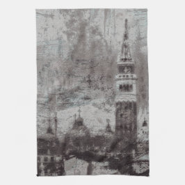 Italien Taupe och Cyan Distress Skyline Venice Kökshandduk