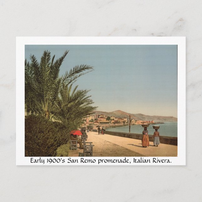 Italien tidigt 1900, strandpromenad i San Remo Vykort (Framsida)