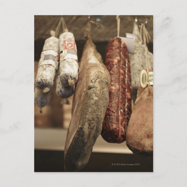 Italien,Toscana,Pienza,Selection of local ham and Vykort (Framsida)