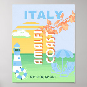 Italien Travel Art, Amalfi Kusten, Preppy, Blue Poster