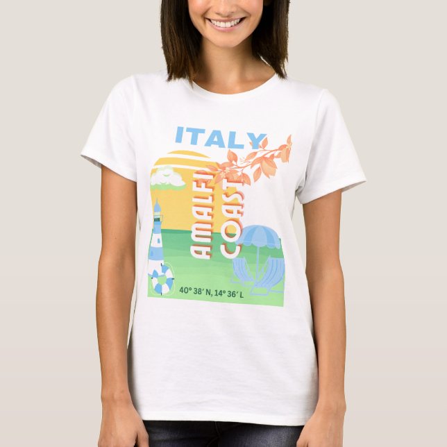Italien Travel Art, Amalfi Kusten, Preppy, Blue T Shirt (Framsida)