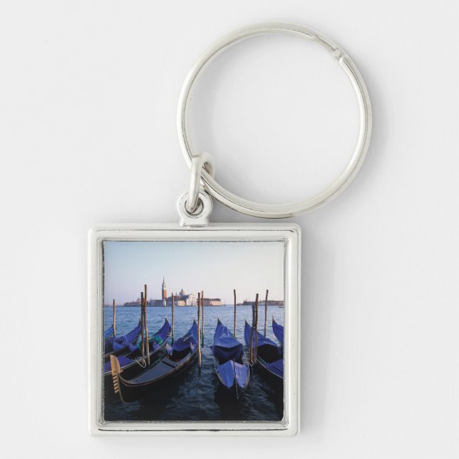 Italien, Veneto, Venedig, Row of Gondolas och San Fyrkantig Silverfärgad Nyckelring (Framsidan)