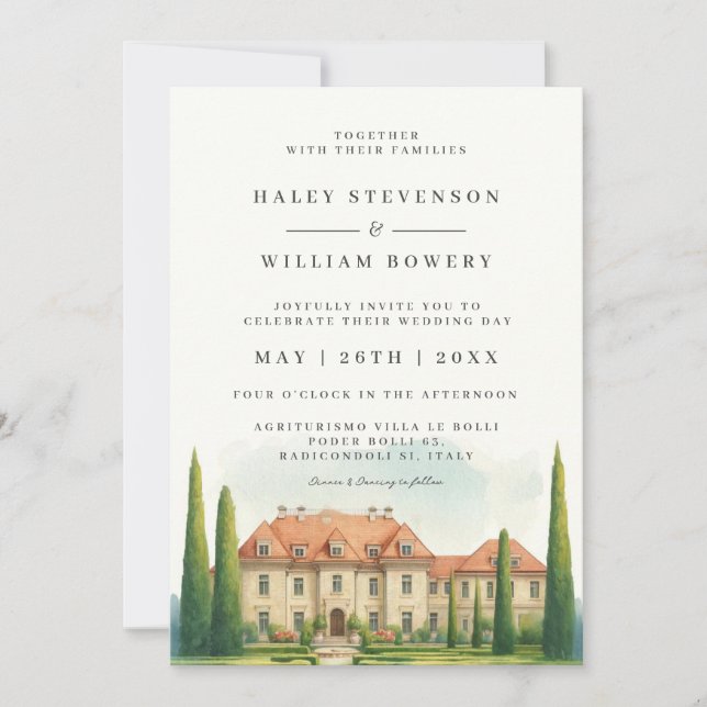 Italien Villa Watercolor Tuscany Destination Weddi Inbjudningar (Framsida)