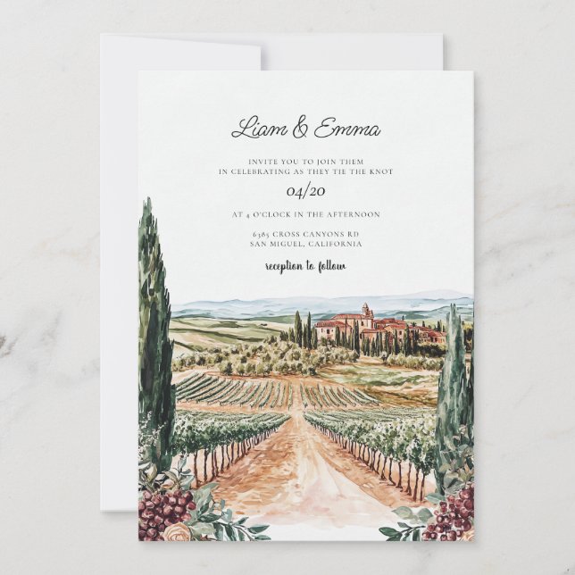 Italien Vineyard Watercolor Bröllop Inbjudningar (Framsida)