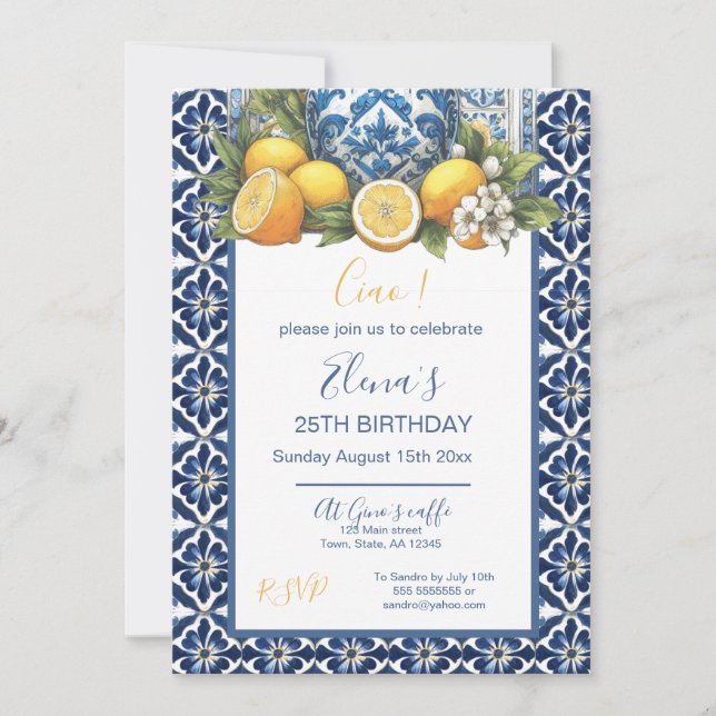 Italien White and Blue Amalfi Ceramic Vas Lemons Inbjudningar (Framsida)