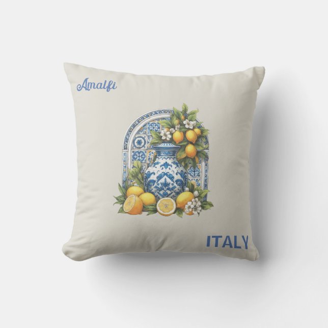 Italien White and Blue Amalfi Ceramic Vas Lemons Kudde (Framsida)