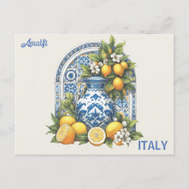 Italien White and Blue Amalfi Ceramic Vas Lemons Vykort