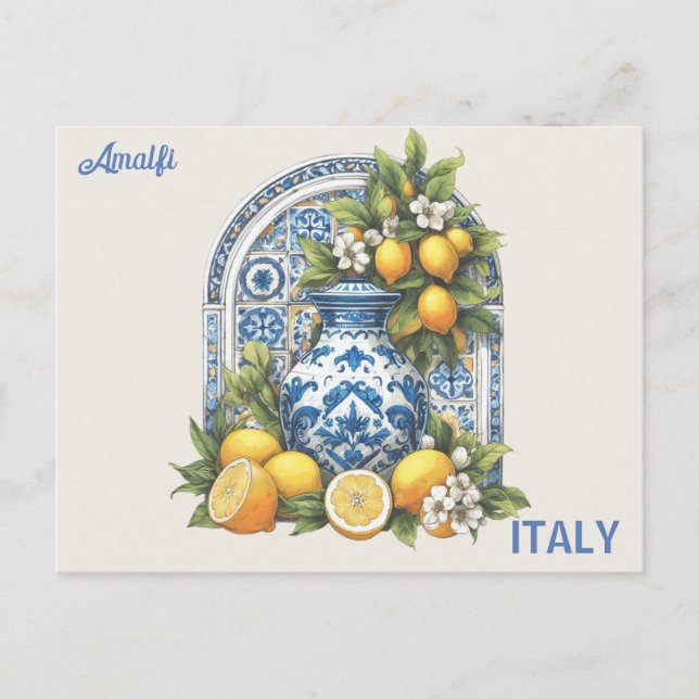 Italien White and Blue Amalfi Ceramic Vas Lemons Vykort (Framsida)