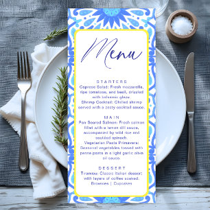 Italienisk blå kakel gul baby shower minimal meny
