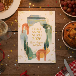 Italiensk akvarellbåge Gott nytt år 2026 Julkort