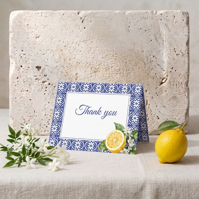 Italiensk Amalfi Citron Blå Kakel Tacksamhetskort Tack Kort (Italian Amalfi Lemon Blue Tile Thank You Card)