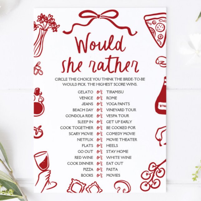 Italiensk Amore Bröllopsduschspel - Vad föredrar h Inbjudningar (Italian Amore Would She Rather Bridal Shower Game )
