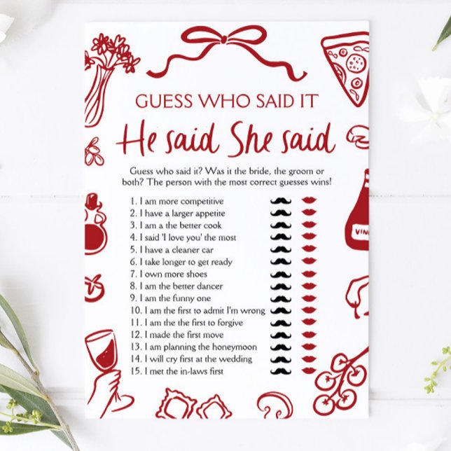 Italiensk Amore Han sa Hon sa Brudtidsfestlek Inbjudningar (Red Amore Italian Love Match Bridal Shower Game)