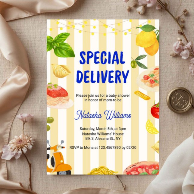 Italiensk Baby Shower Special Delivery Lemon Pasta Inbjudningar (italian baby shower invitation, lemon baby shower invite, special delivery baby shower, mediterranea)