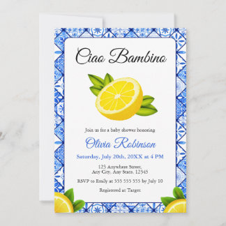 Italiensk blå kakel Ciao Bambino Baby Shower Inbjudningar