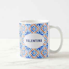Italiensk blå kakel elegant mönster anpassat namn kaffemugg