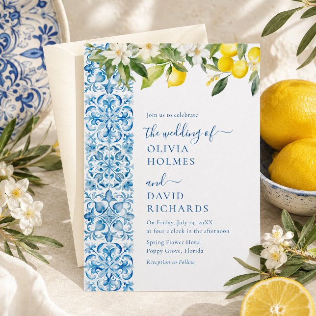 Italiensk blå lemonadplattor destination bröllop inbjudningar (Italian Lemon Blue Tile Destination Wedding Invitation)