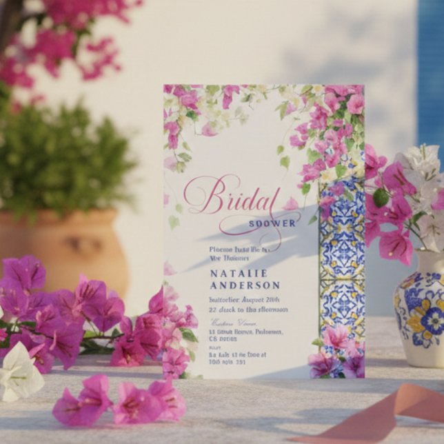 Italiensk Bougainvillea Medelhavet Bröllopsdusch Inbjudningar (Italian Bougainvillea Mediterranean Bridal Shower Invitation)