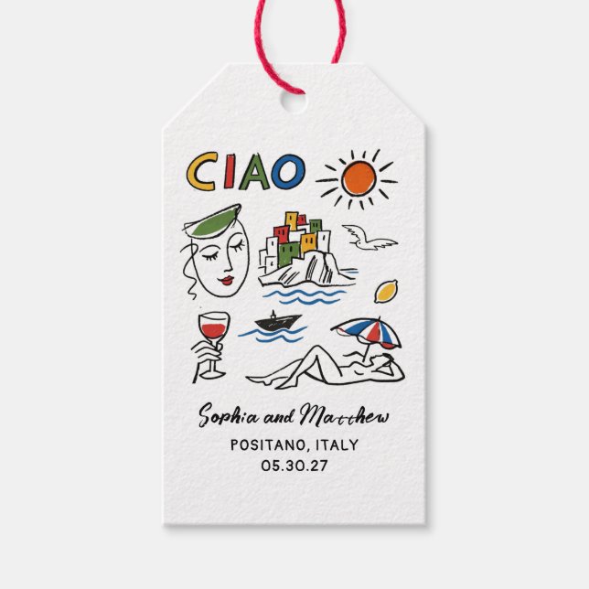 Italiensk bröllopsfantasi, handritad Amalfi-kust  Presentetikett (Framsidan)